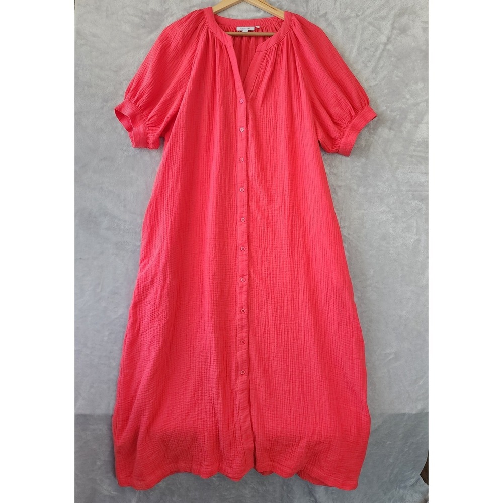 Chicos Maxi Dress Womens Size 14 Gauze Cotton Pink Pockets Button Front Long 2.5